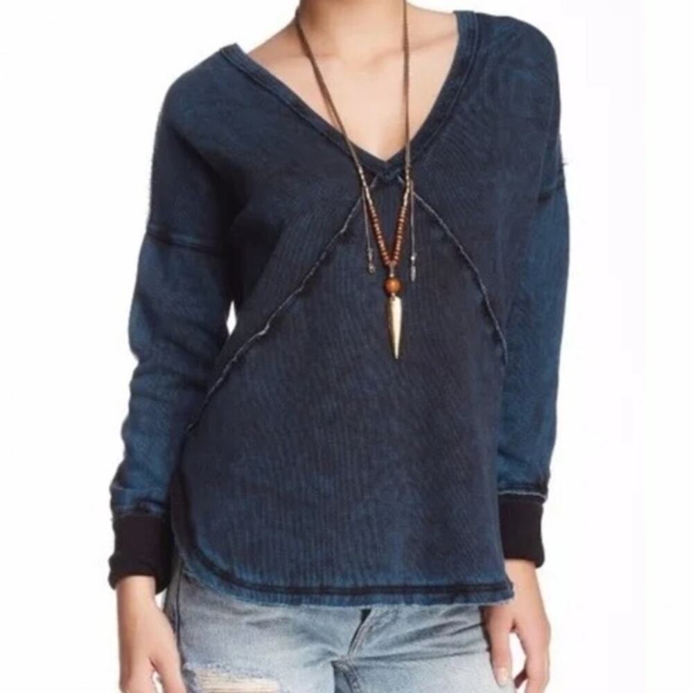 Free People Slouchy Western Sweatshirt in Navy, Size Large